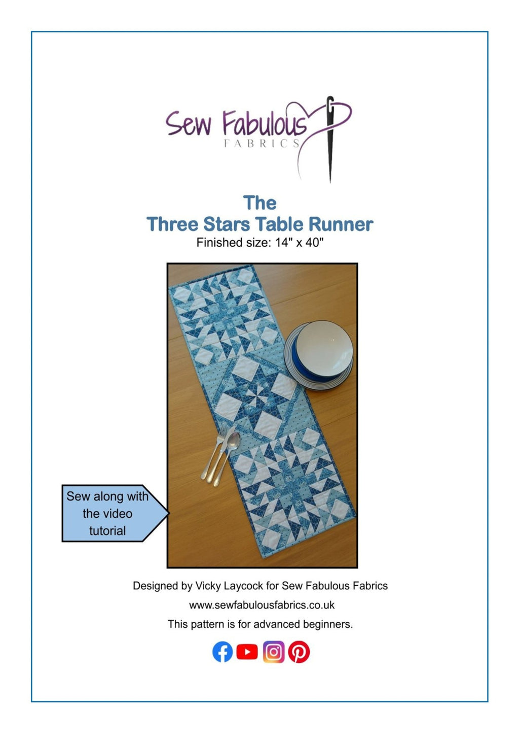 Sew Fabulous Fabrics table runner pattern with blue star design on a white background