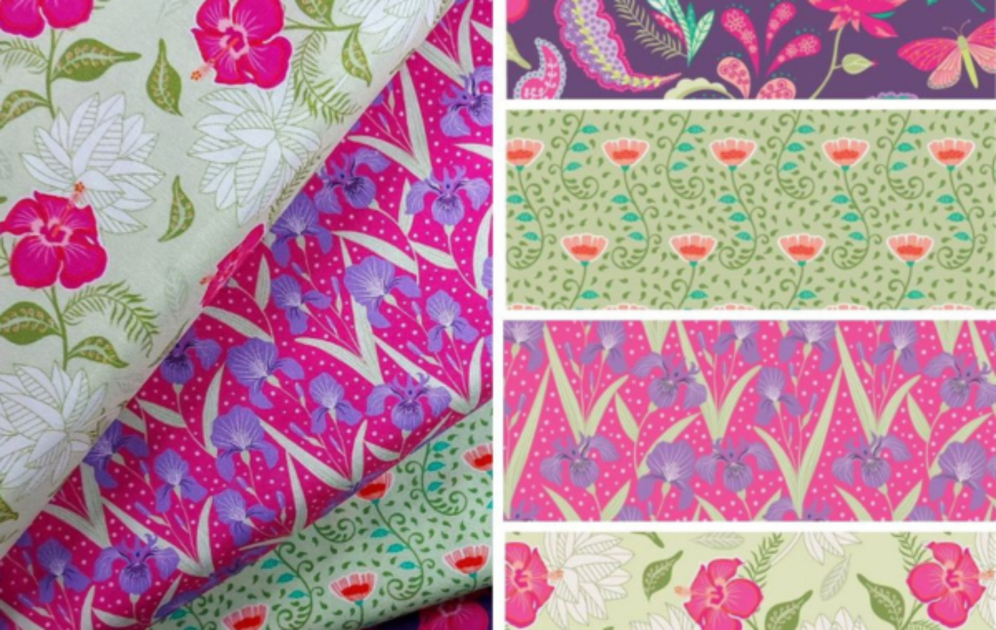 Collage of colorful fabric patterns with floral and abstract designs.