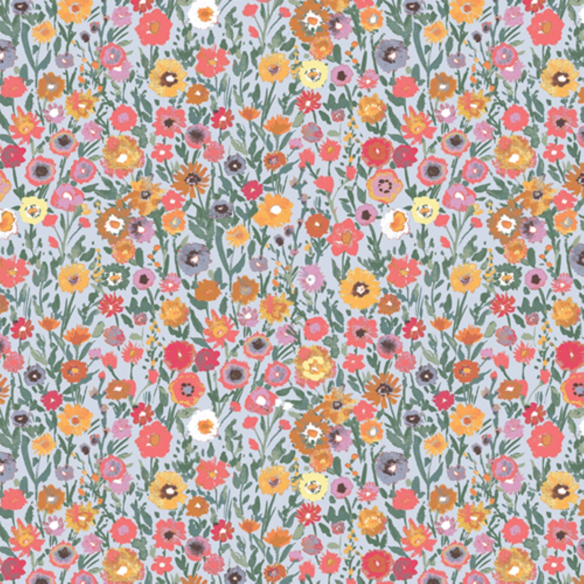 Pattern of small flowers in various colors on a light blue background