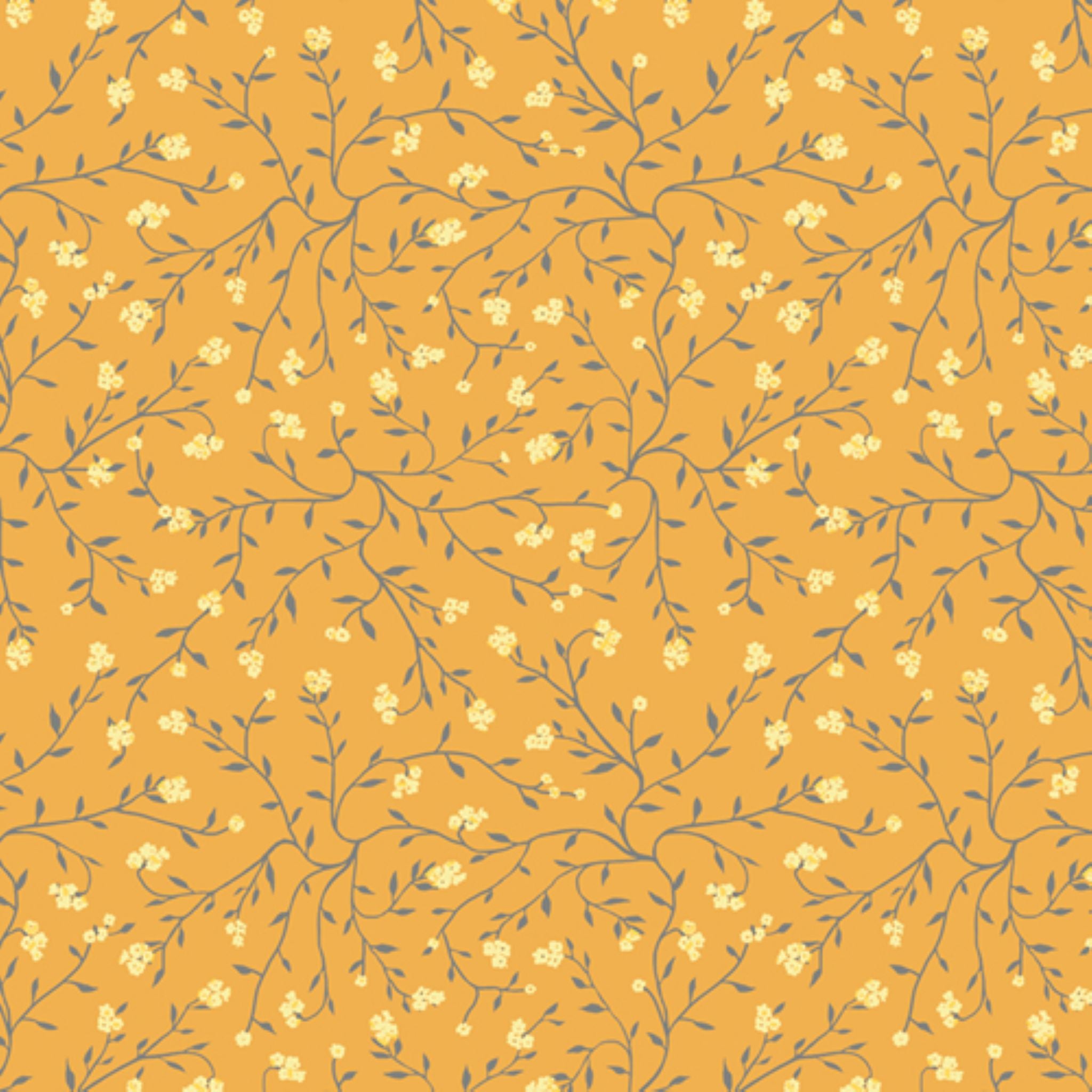 Floral pattern with small yellow flowers  on a mustard yellow background