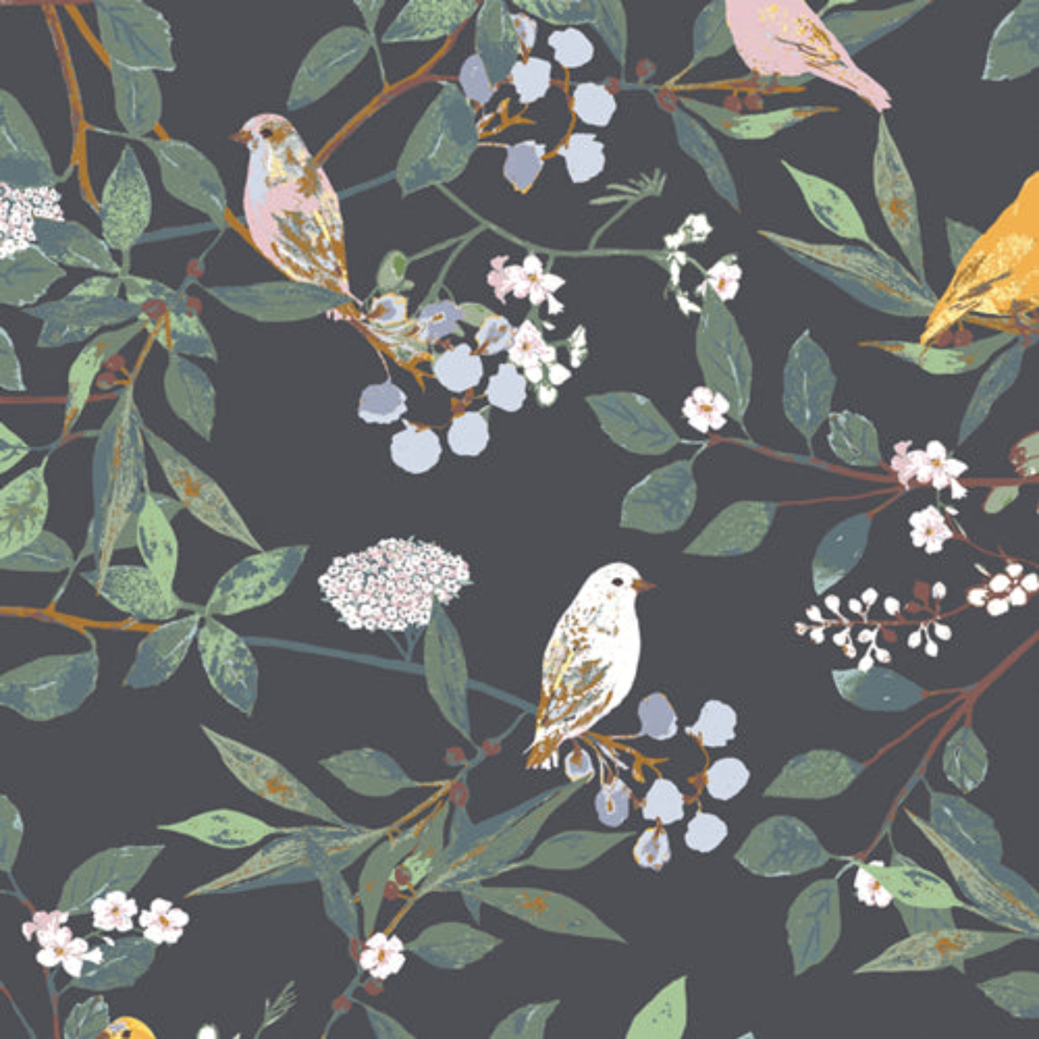 Pattern of birds and flowers on a dark grey background