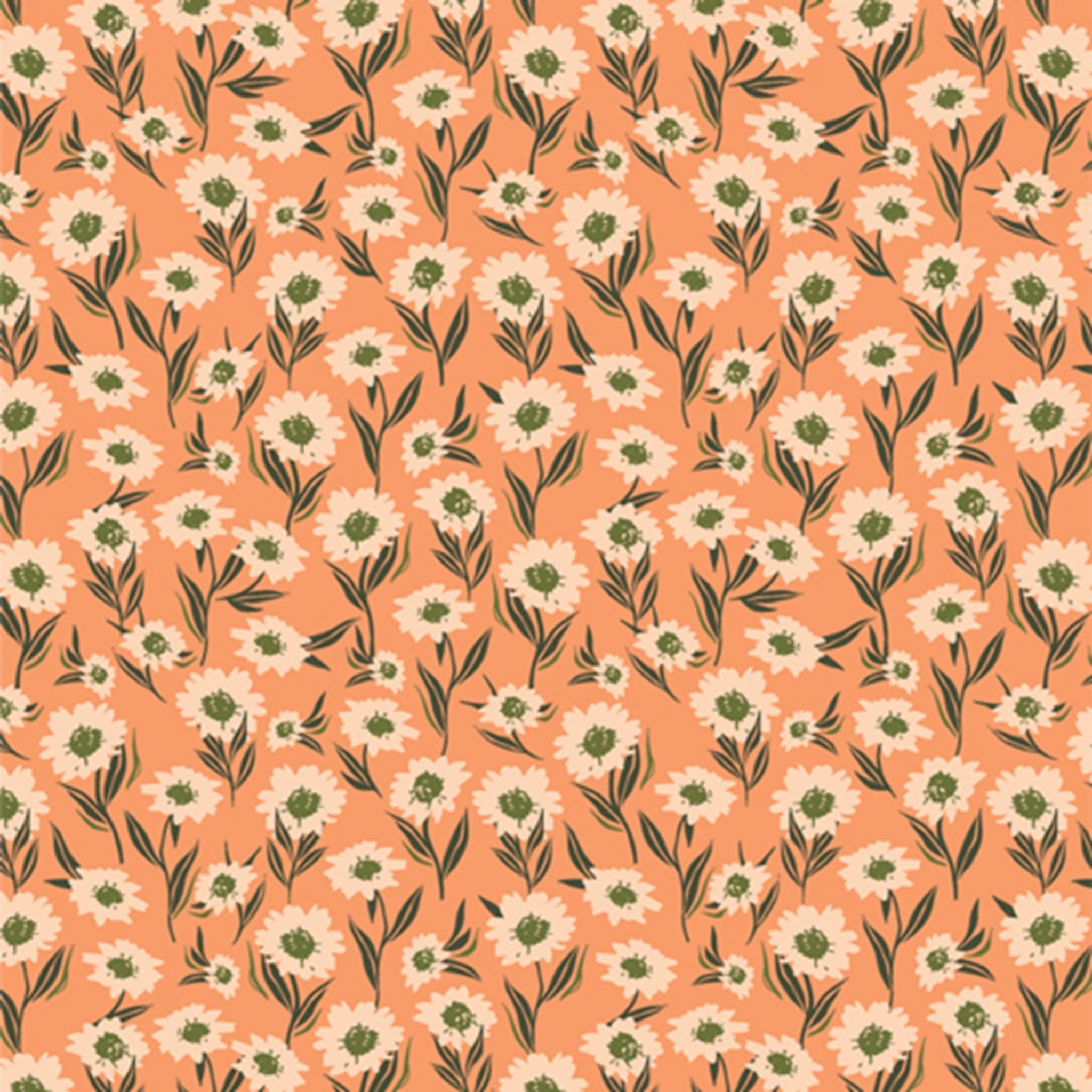 Floral pattern with white flowers and green leaves on a peach background