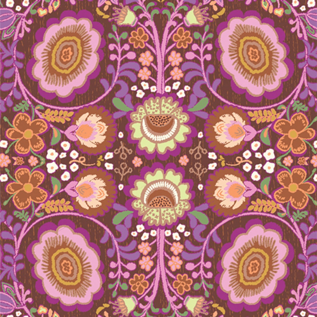 Colorful floral pattern with intricate designs on a brown background