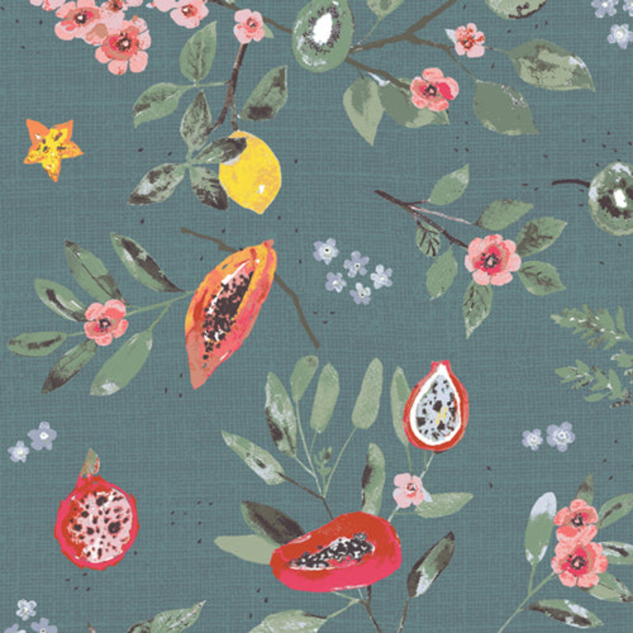Pattern of pomegranates, lemons, and flowers on a light teal background