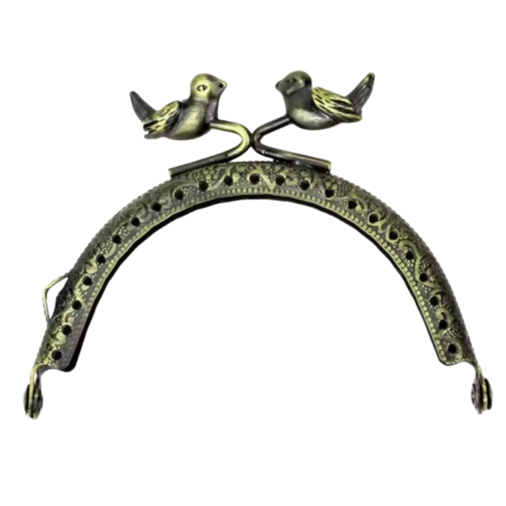 An antique bronze purse frame with bird shaped closure.