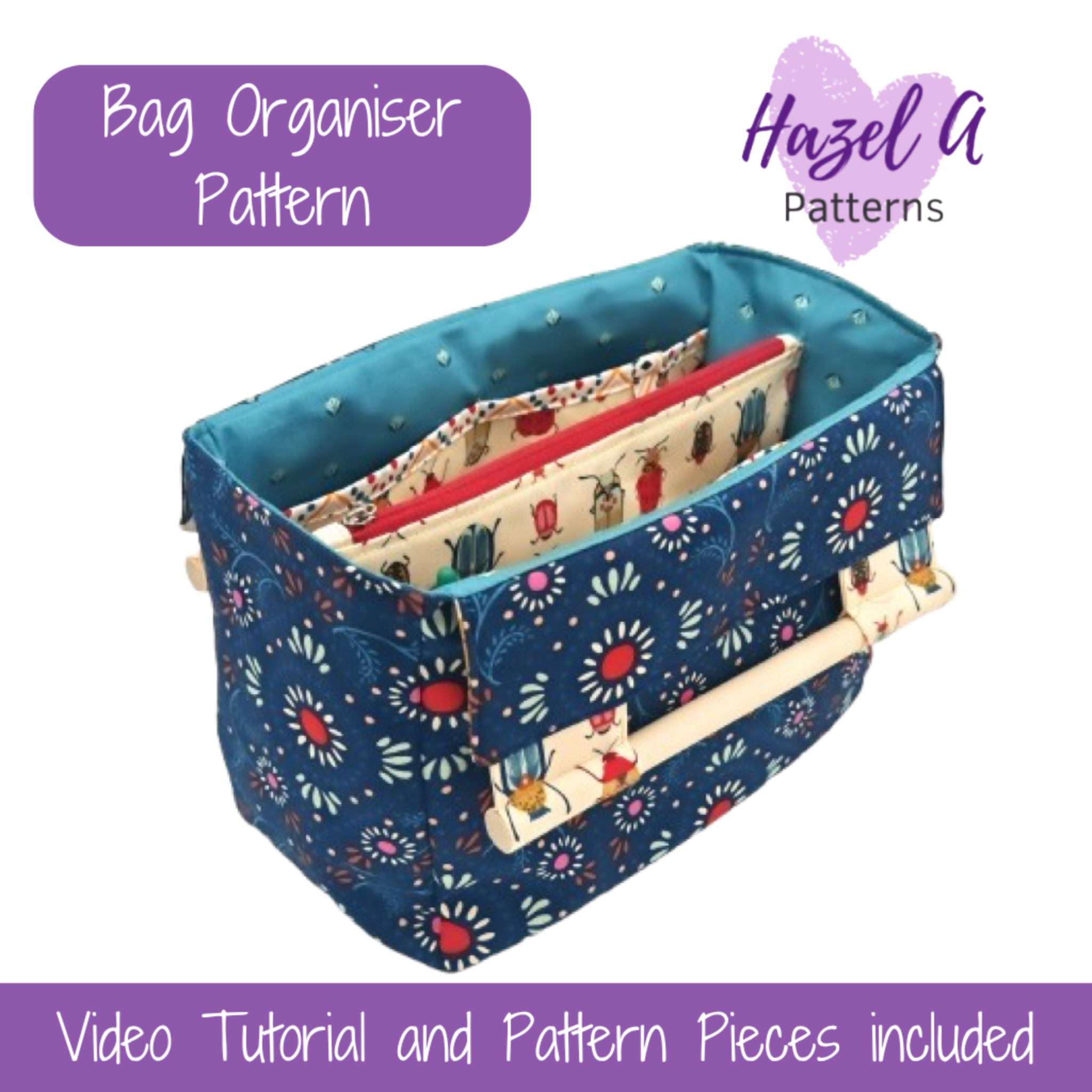 Sewing pattern for blue bag organizer with floral pattern and text about Hazel A Patterns and product details.