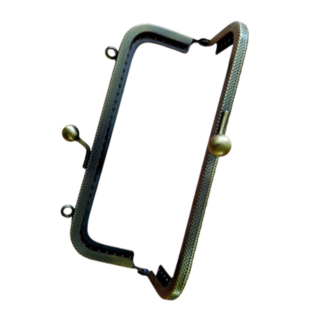 A vintage-style metal clutch purse frame with a textured bronze finish and brass-tone snap buttons