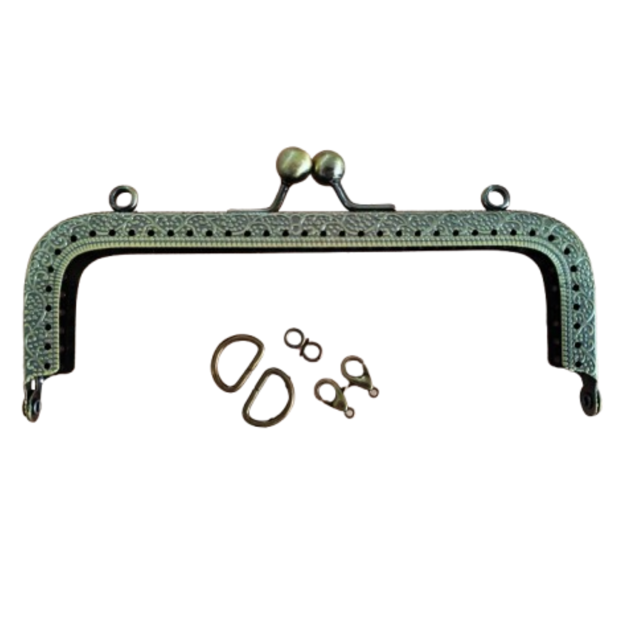 An antique-style kiss-lock purse frame with a textured, antique brass patina, two d-rings, two jump rings and two lobster clasps.