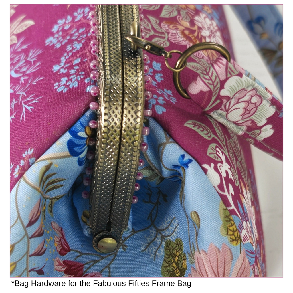 Close-up of bag hardware for the Fabulous Fifties Frame Bag.