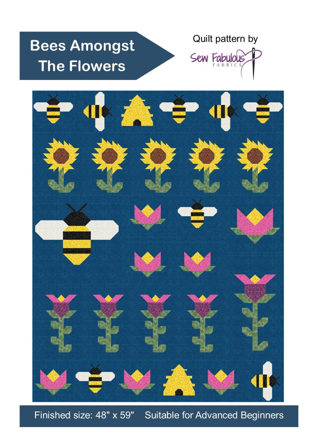 Quilt pattern design with bees, flowers, and a beehive on a blue background.