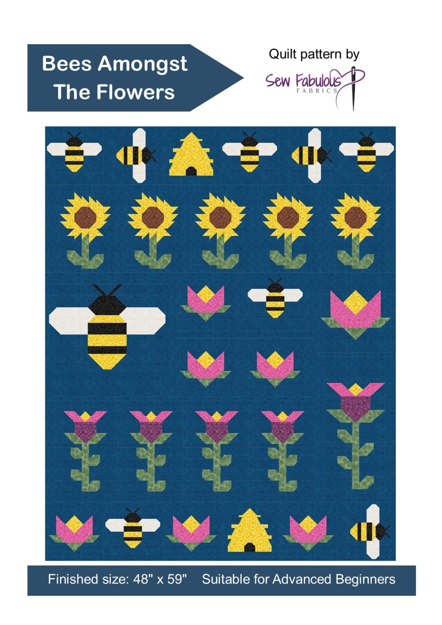 Quilt pattern design with bees, flowers, and a beehive on a blue background.