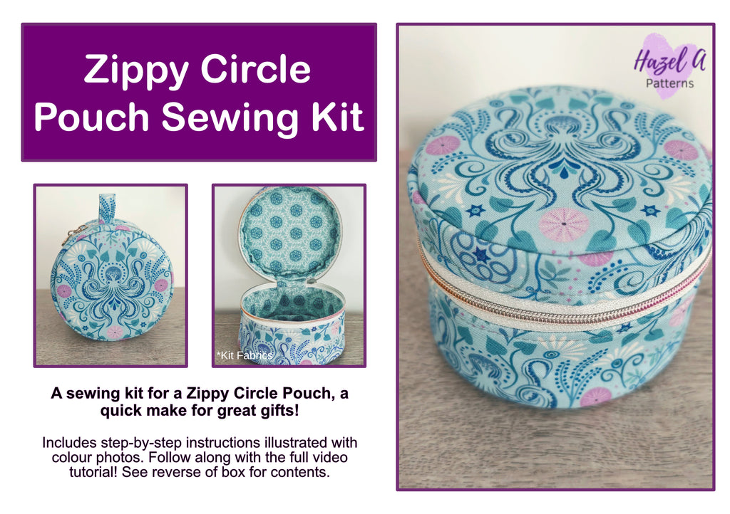 Promotional graphic for a Zippy Circle Pouch Sewing Kit by Hazel A Patterns, showing a completed round zip pouch with a blue and pink paisley pattern, along with smaller inset photos of the pouch closed and open, plus descriptive text on a white background with purple header panels.
