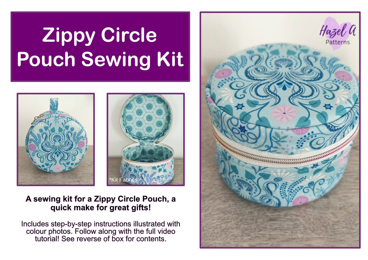 Promotional graphic for a Zippy Circle Pouch Sewing Kit by Hazel A Patterns, showing a completed round zip pouch with a blue and pink paisley pattern, along with smaller inset photos of the pouch closed and open, plus descriptive text on a white background with purple header panels.
