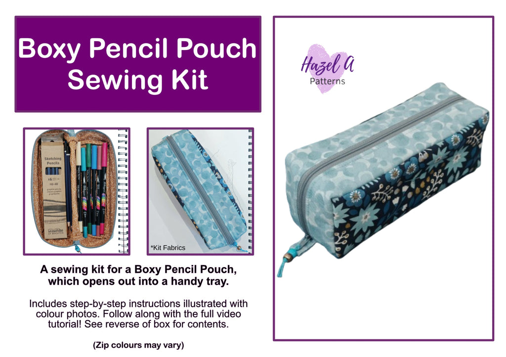 Boxy Pencil Pouch Sewing Kit promotional graphic by Hazel A Patterns, showing a floral pencil pouch, fabric swatches, and open pouch contents. 