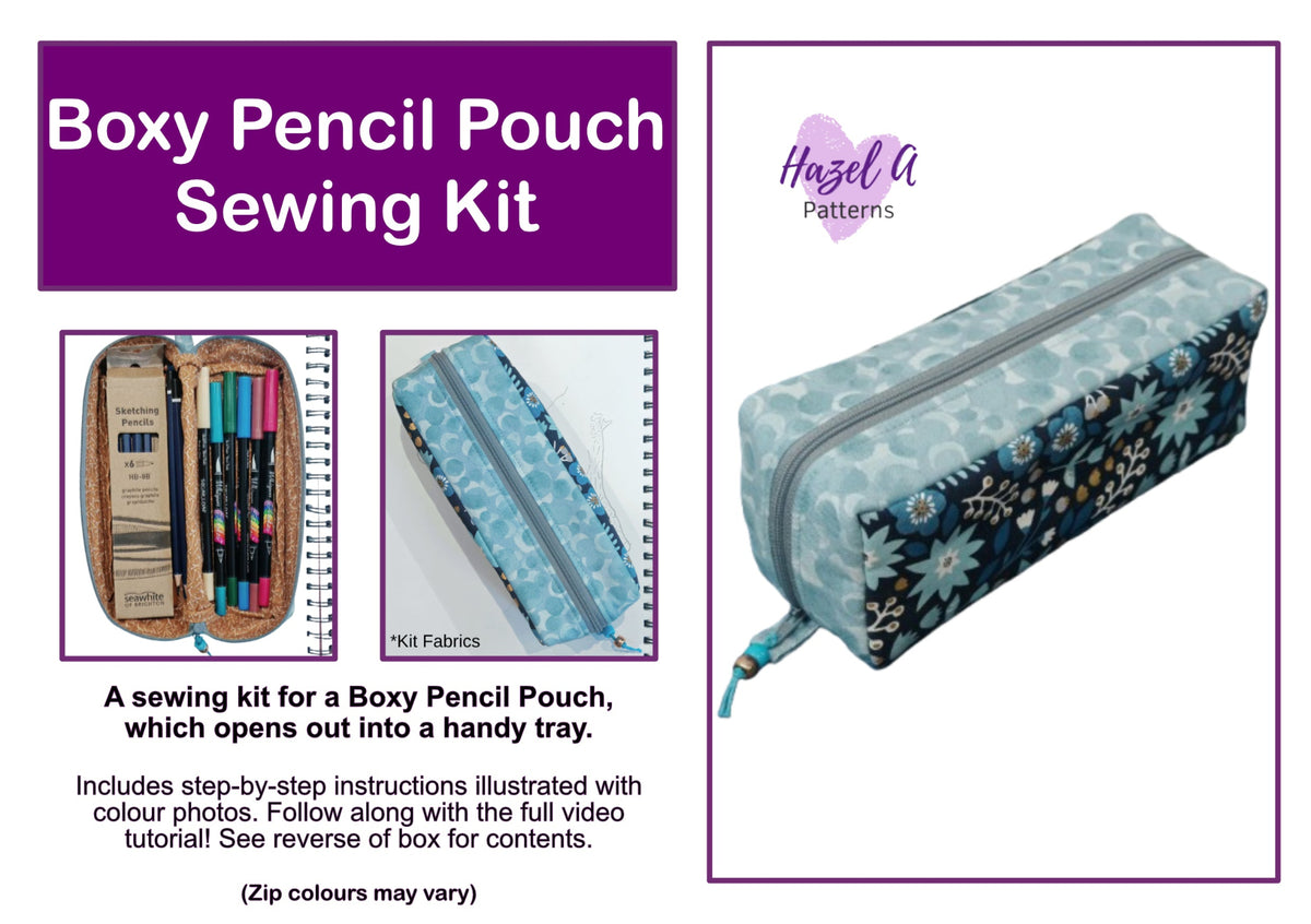Boxy Pencil Pouch Sewing Kit promotional graphic by Hazel A Patterns, showing a floral pencil pouch, fabric swatches, and open pouch contents. 