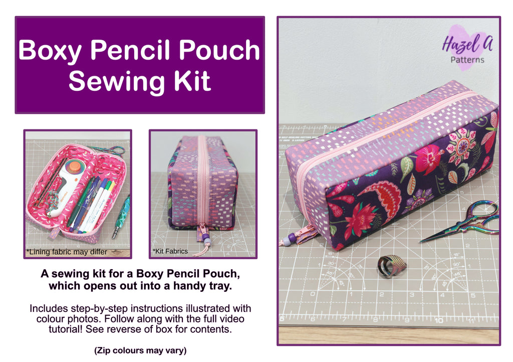 Promotional graphic for a Boxy Pencil Pouch Sewing Kit by Hazel A Patterns, showing a purple floral fabric pouch, sewing tools, and a cutting mat with sewing instructions.