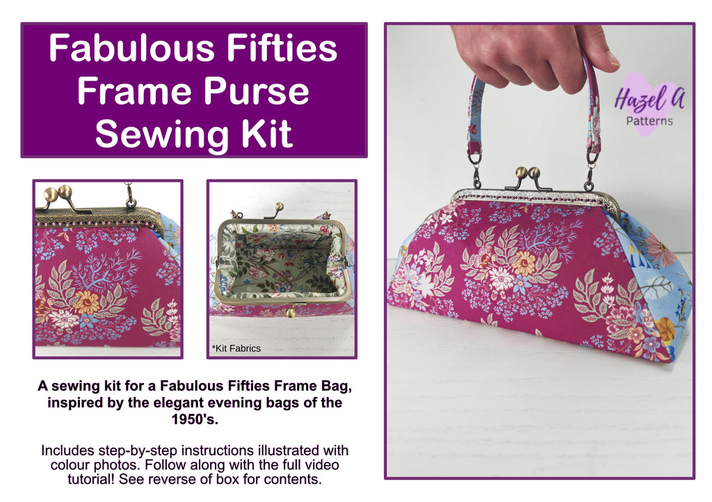 Promotional graphic for the 'Fabulous Fifties Frame Purse Sewing Kit' by Hazel A Patterns, showing a finished floral frame purse, smaller inset views of the fabric and interior, and descriptive text on a white background with purple borders.