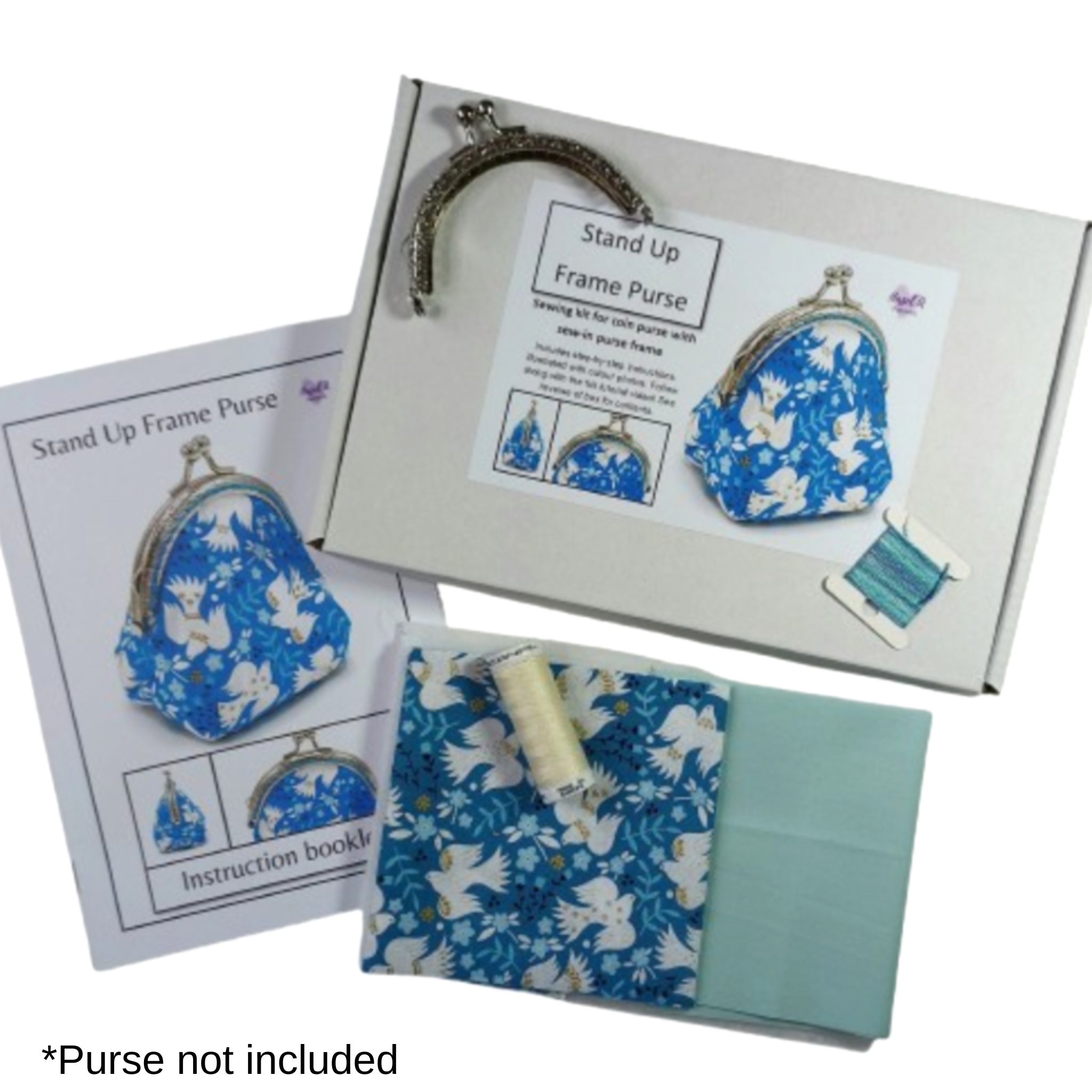 Stand-up frame purse kit with blue floral design, packaging, and instructions on a white background.