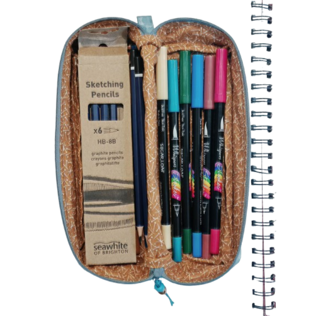 An open Boxy Pencil Pouch showing pens and pencils.
