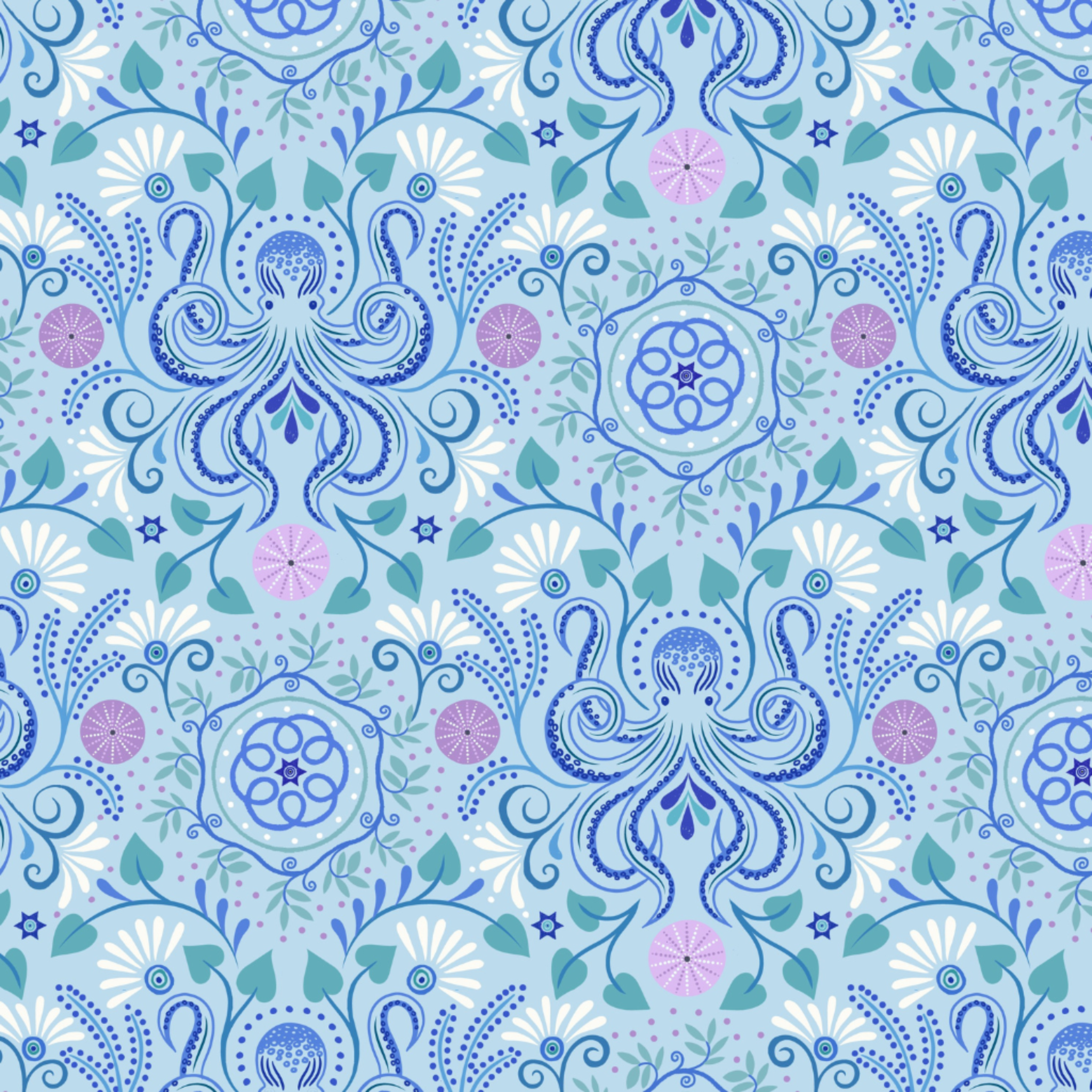 Images of Octopus on a light blue background 100% cotton fabric
