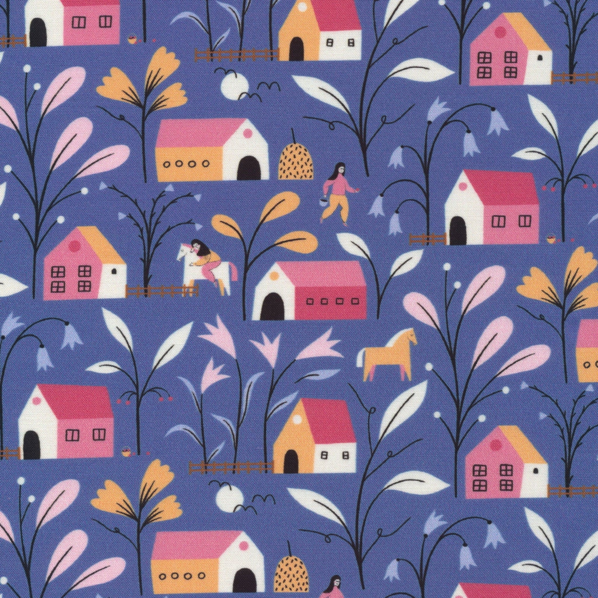 Pattern of houses, trees, and people on a blue background. 100% cotton fabric.