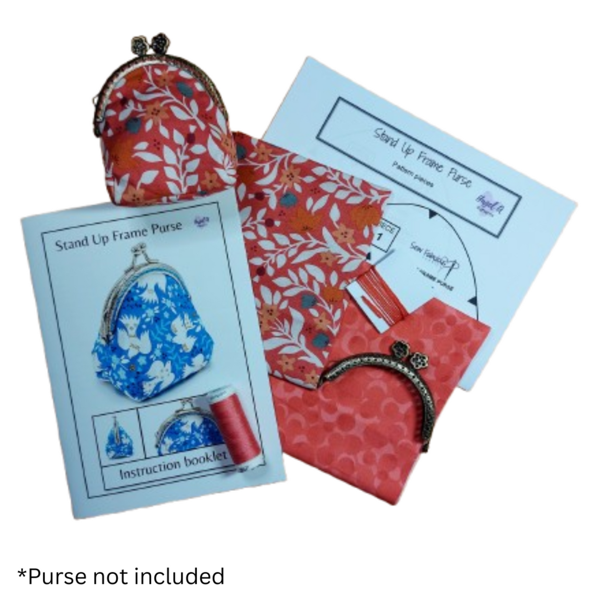 Stand-up frame purse kit with pattern, fabric, and instructions on a white background