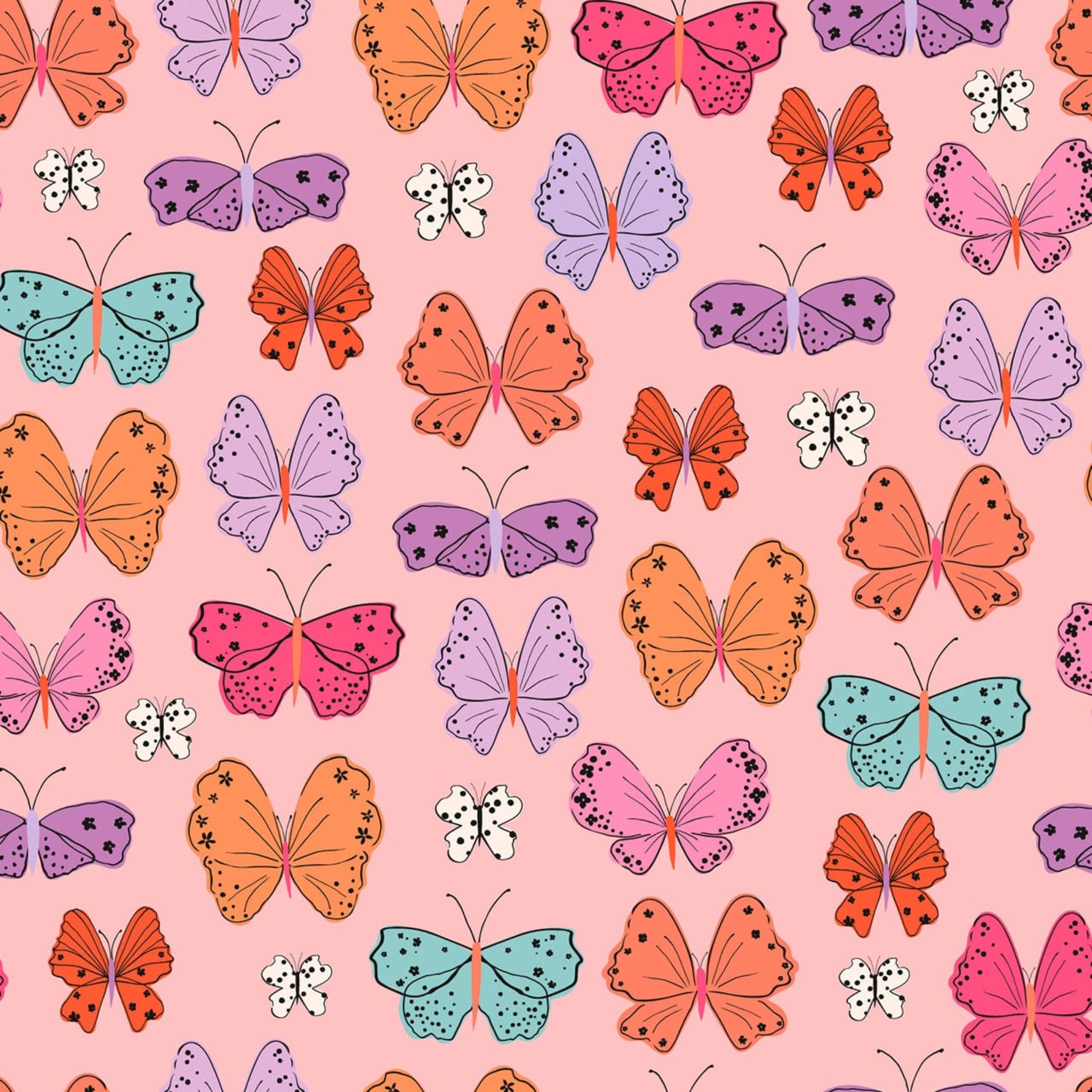 Pattern of colorful butterflies on a pink background. 100% cotton fabric.