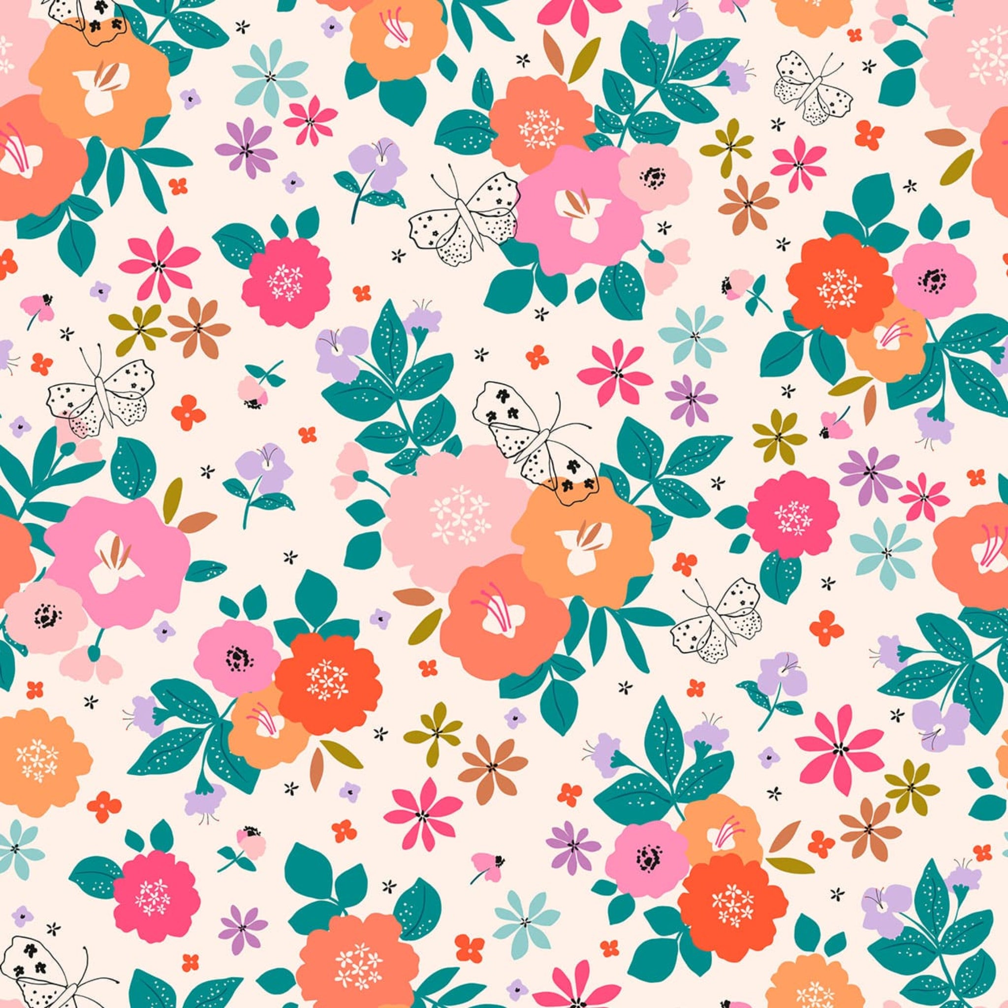 Colorful floral pattern with butterflies on a light background. 100% cotton fabric.