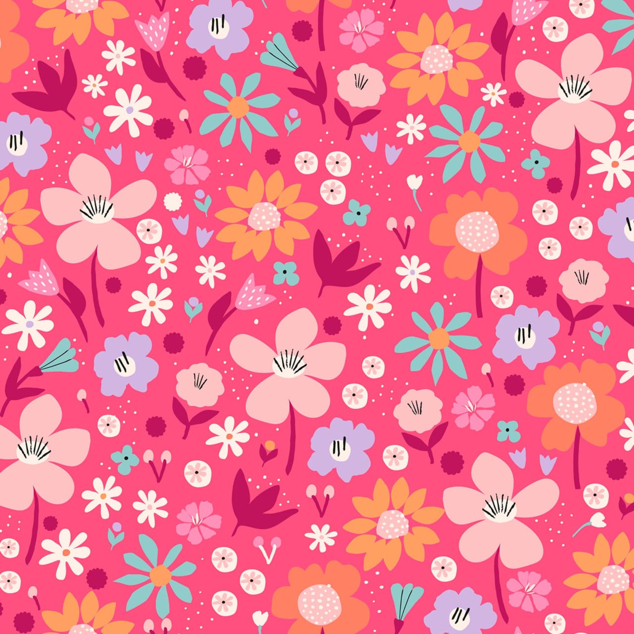 Colorful floral pattern on a cerise pink background. 100% cotton fabric.