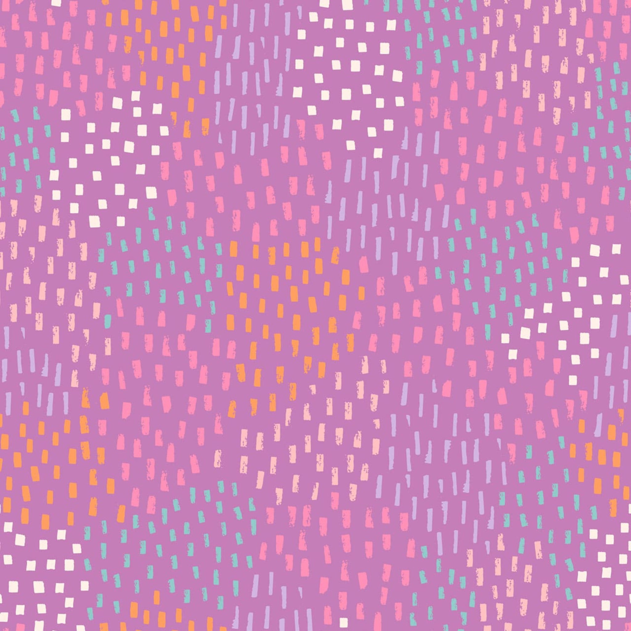 Colorful pattern with squares and dashes on a purple background. 100% cotton fabric.