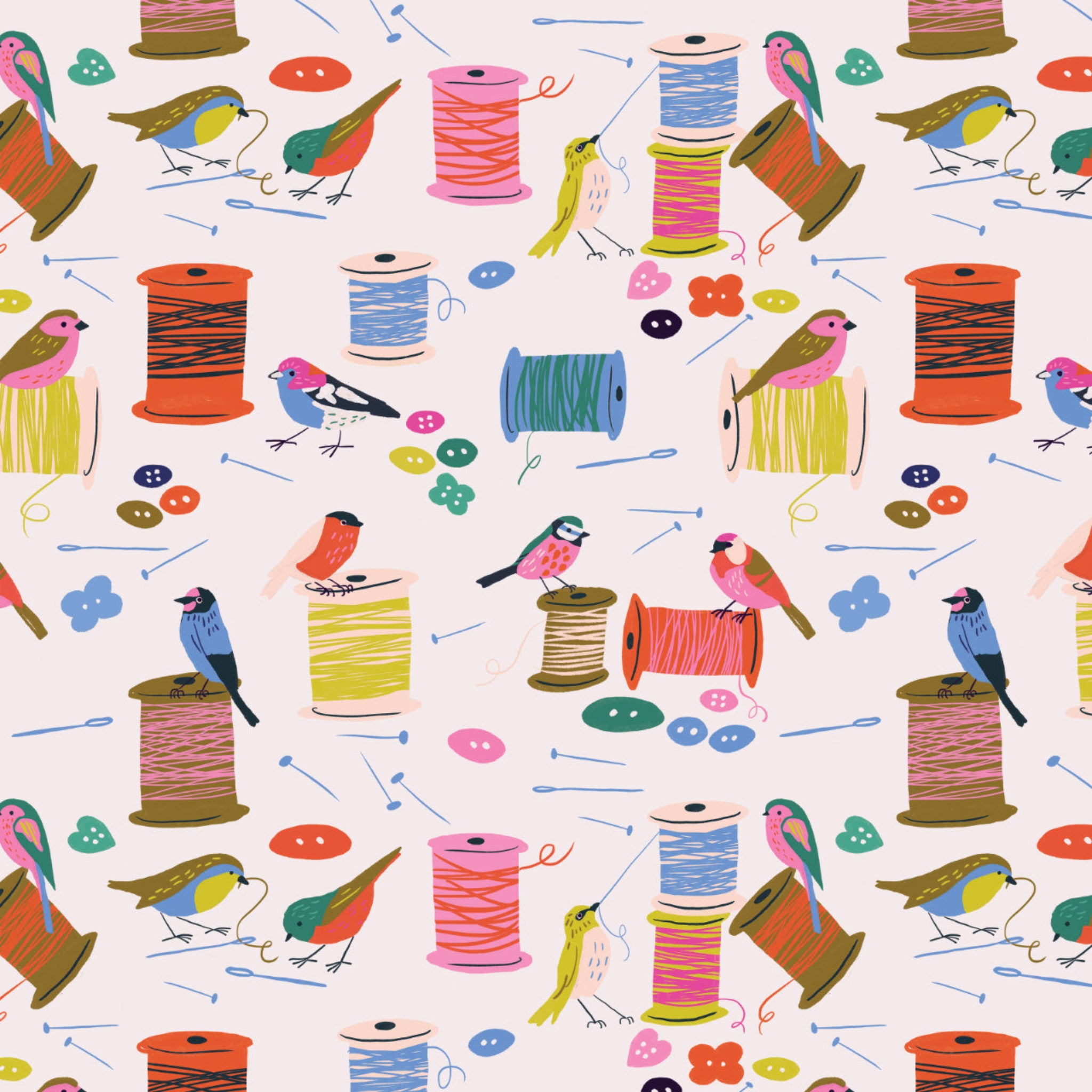 Pattern of spools of thread, birds, and buttons on a white background. 100% cotton fabric.