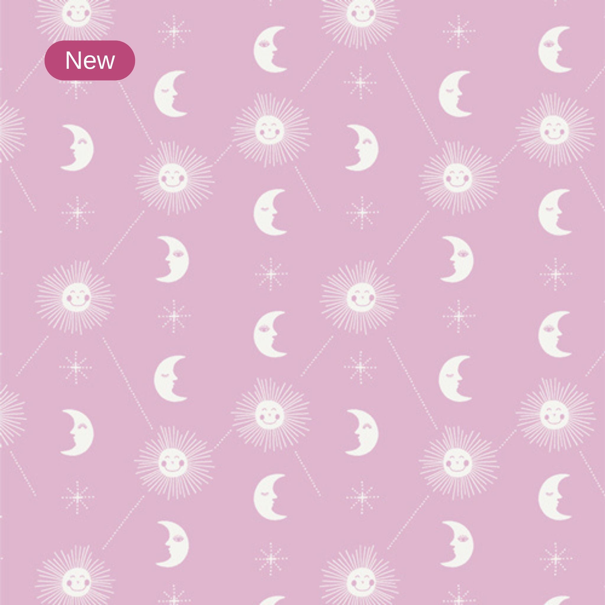 Pattern of suns and moons on a pink background 100% cotton fabric
