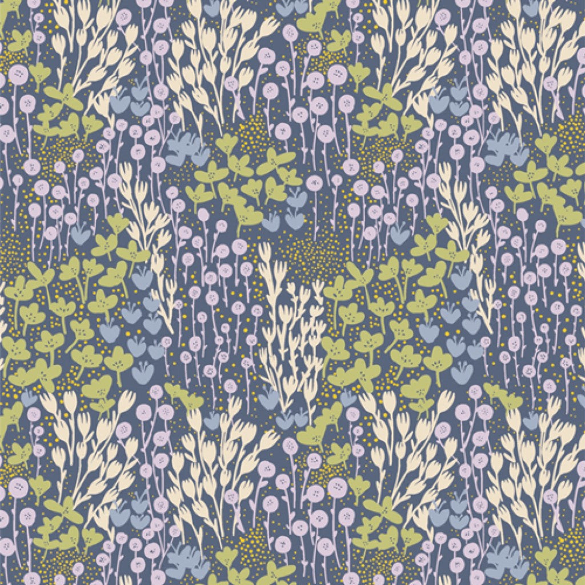 Patterned fabric with a mix of green and blue leaf designs on a dark background.