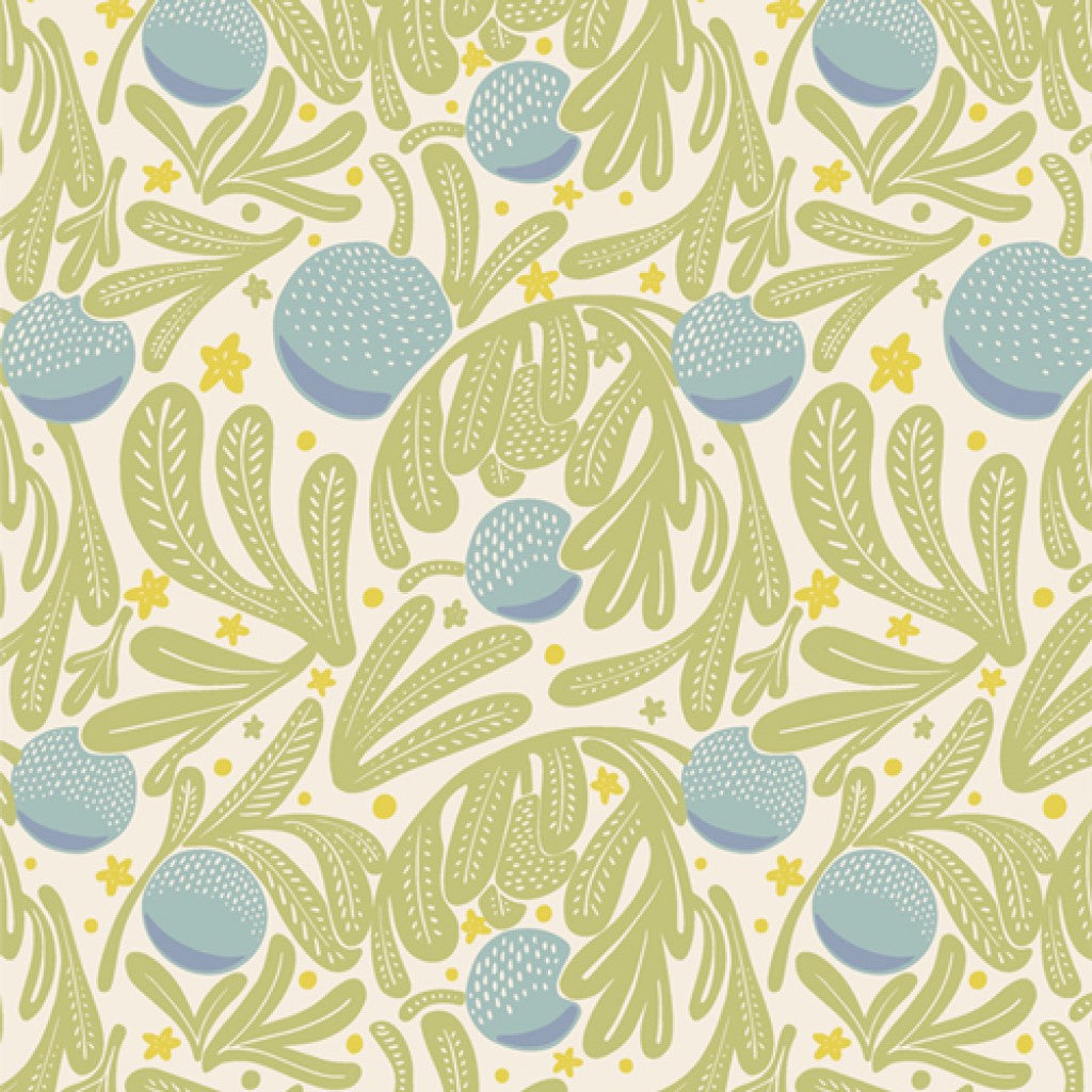 Pattern of green leaves and blue spherical shapes on a beige background