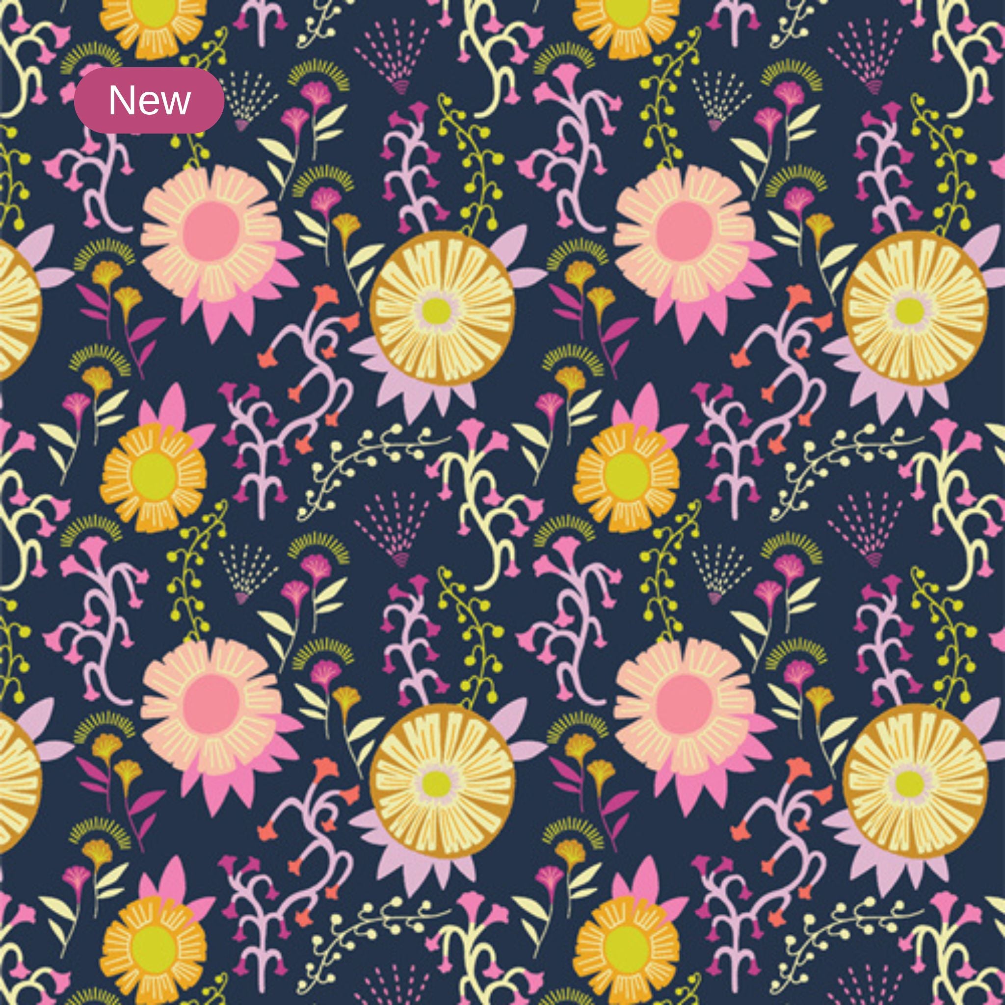 Navy background with pink and yellow flowers 100% cotton fabric