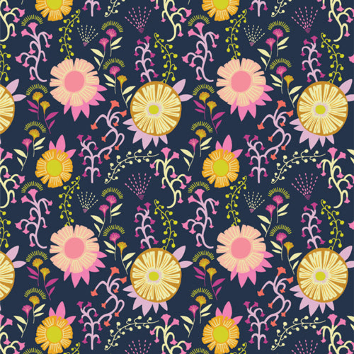 100% cotton fabric dark navy background with yellow and peach flowers