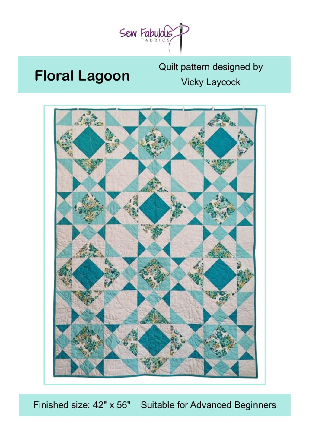 Floral Lagoon quilt pattern designed by Vicky Laycock with a checkered design and teal accents.