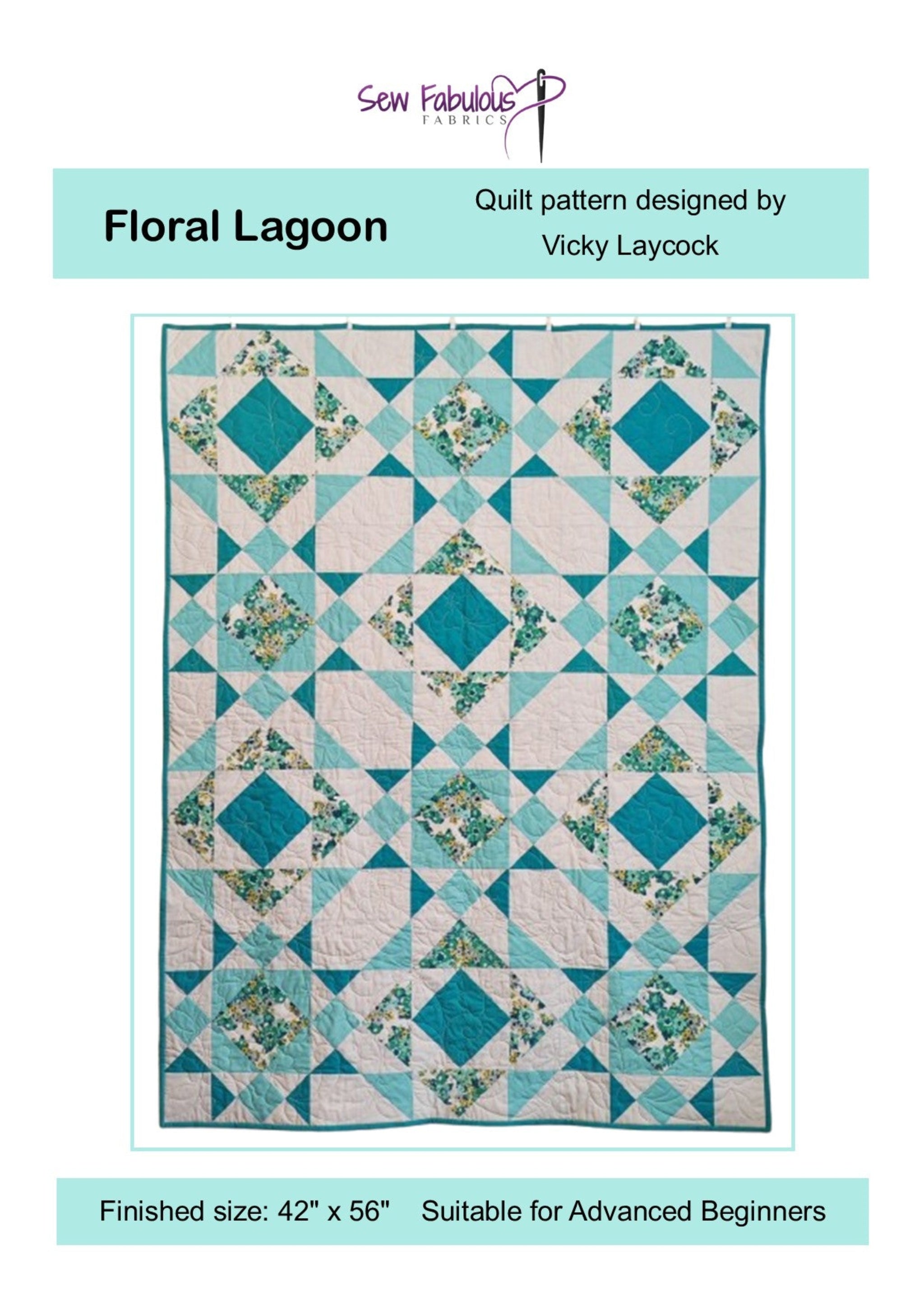 Floral Lagoon quilt pattern designed by Vicky Laycock with a checkered design and teal accents.