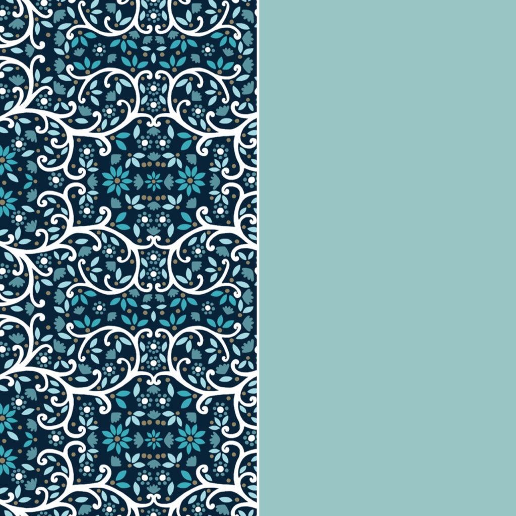 Decorative border with intricate white floral pattern on a blue background