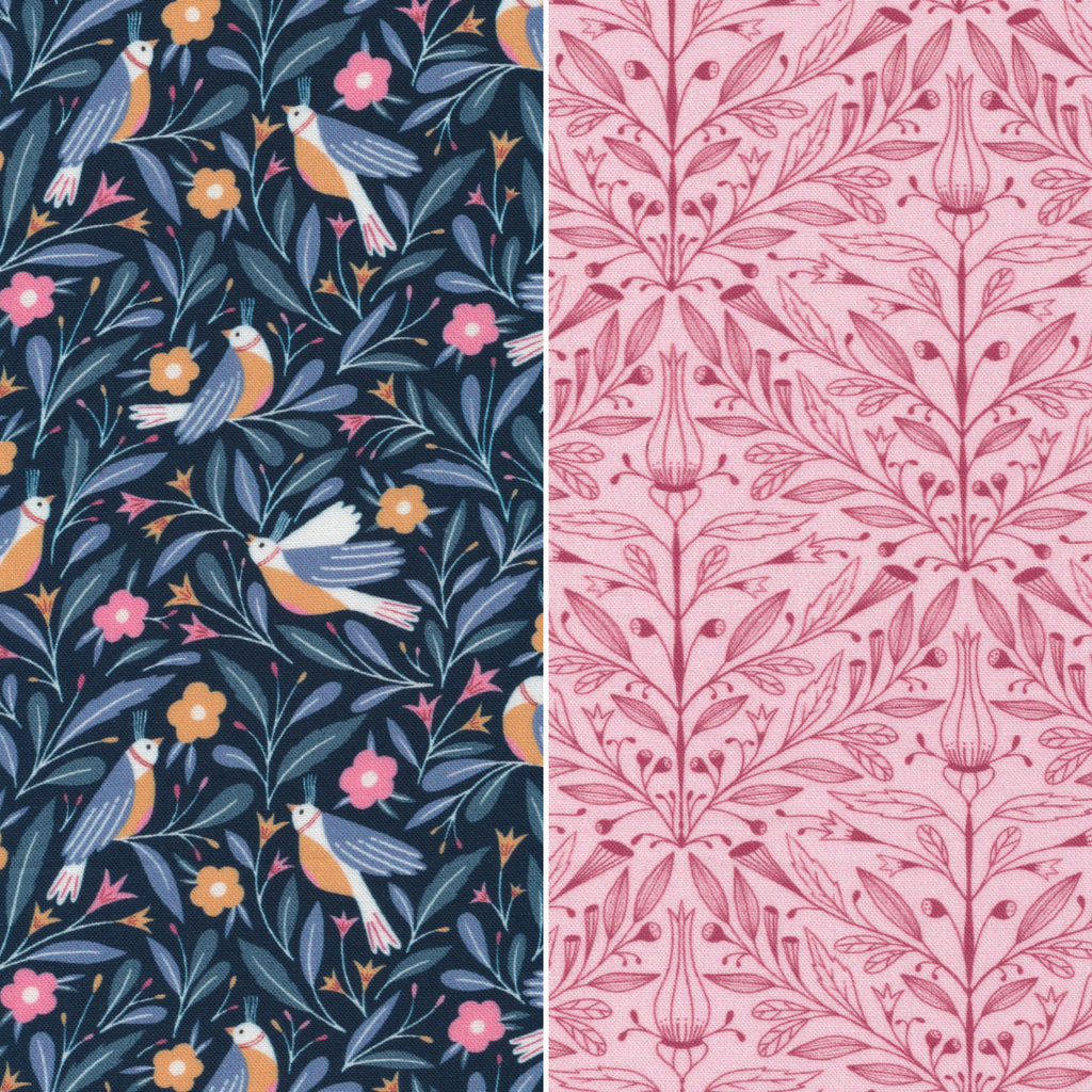 Two vertical panels showing repeating decorative patterns: the left panel has a dark navy background with bluebirds, flowers, and leaves, and the right panel has a light pink background with a matching pink botanical pattern.