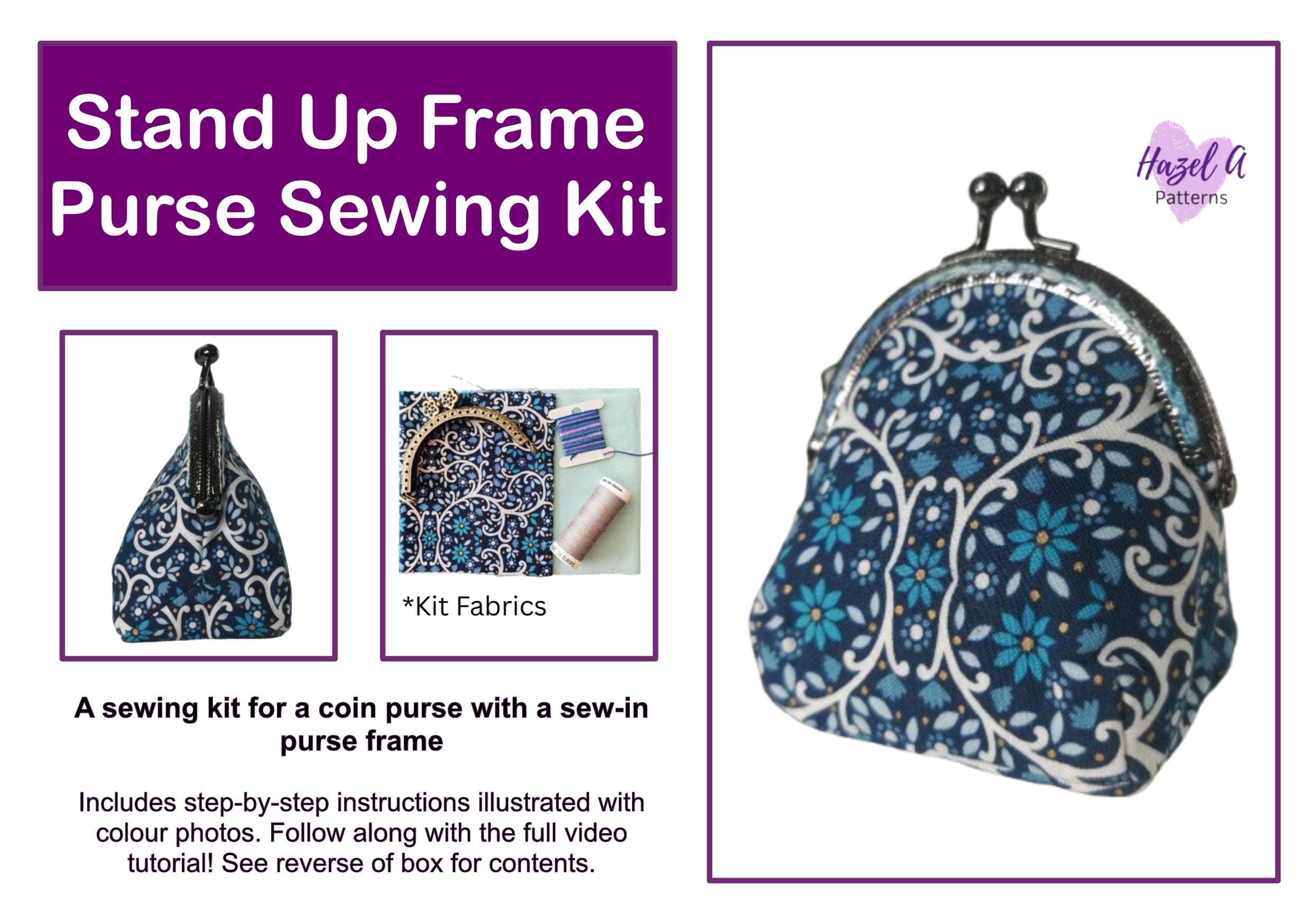 Promotional graphic for a Stand Up Frame Purse Sewing Kit, showing a finished blue and white patterned coin purse on the right, along with smaller inset photos of the purse and kit fabrics, and descriptive text on a white background with purple borders.