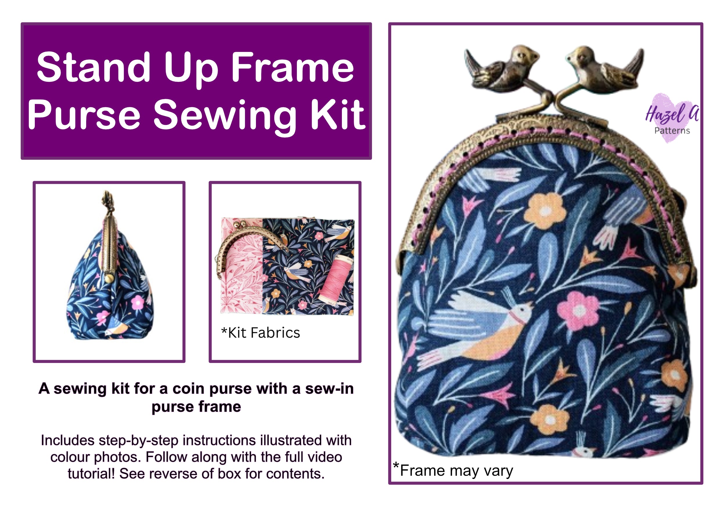 Promotional graphic for a Stand Up Frame Purse Sewing Kit, showing a finished coin purse with a stand-up frame, fabric swatches, and text describing included kit fabrics and step-by-step instructions.