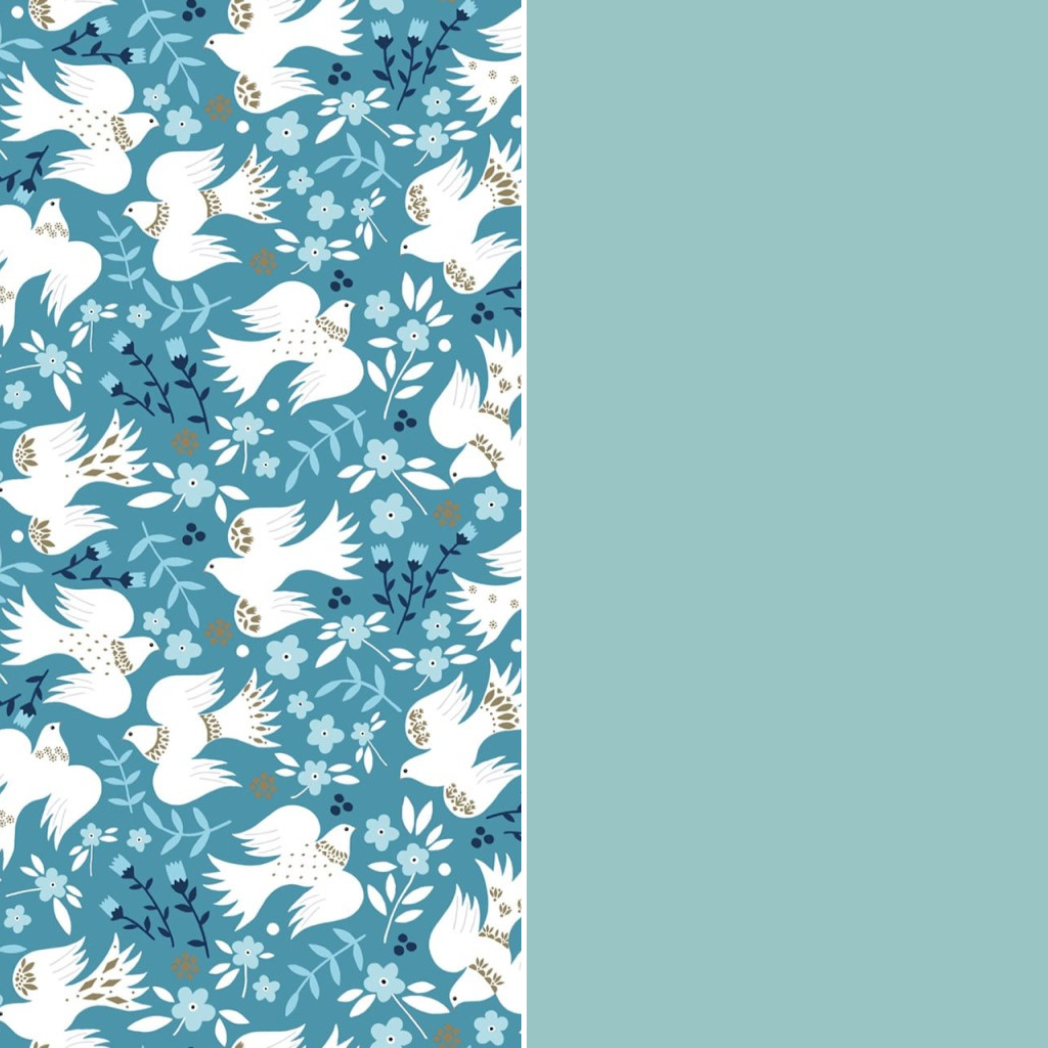 Pattern of white doves and flowers on a blue background