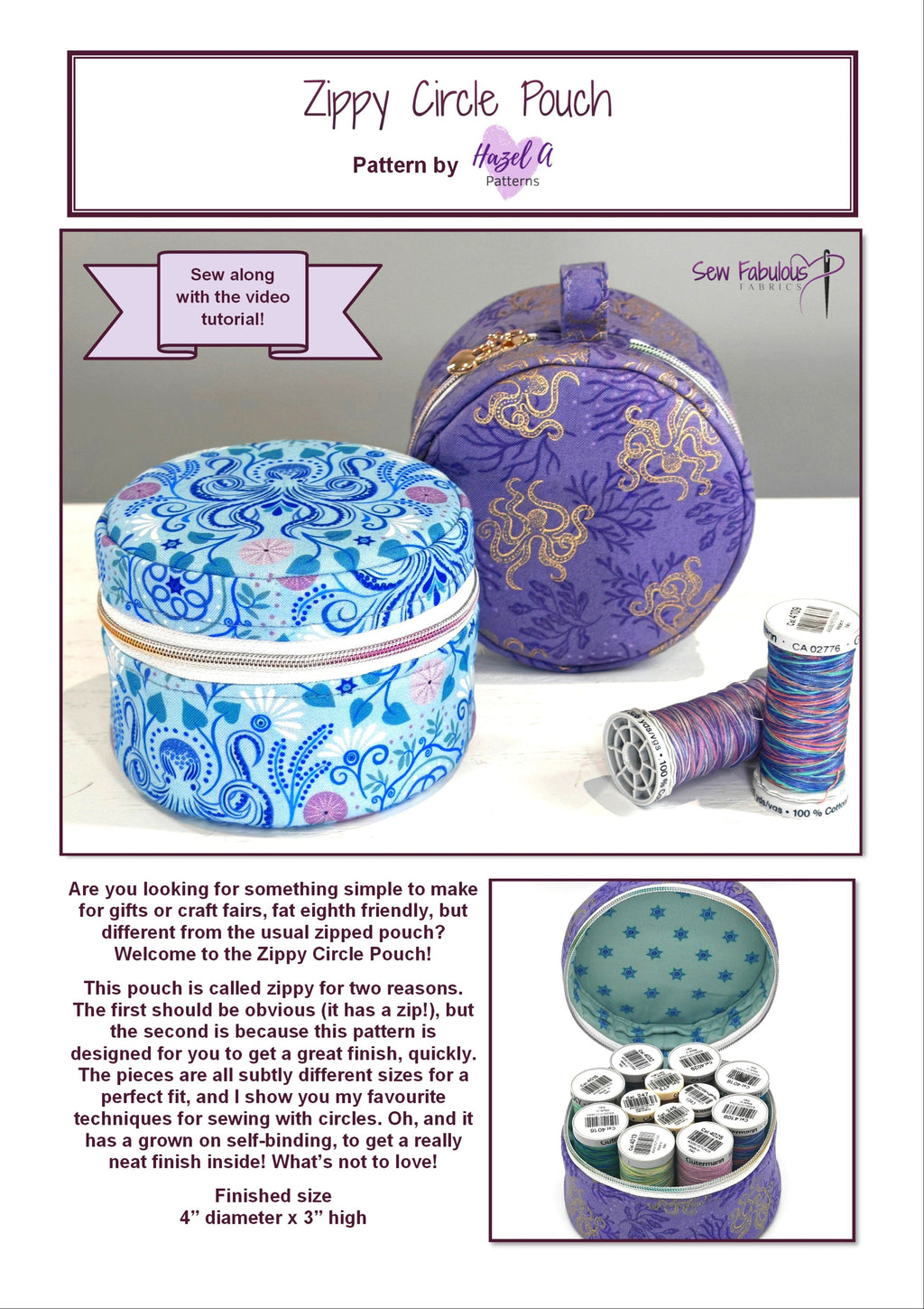 Zippy Circle Pouch sewing pattern with two pouches and spools of thread on a white background.