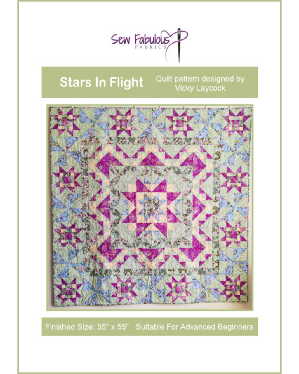 Pattern cover for 'Stars In Flight' quilt pattern. The cover features a colorful quilt design with a central starburst pattern in pink, purple, and blue on a light green background.