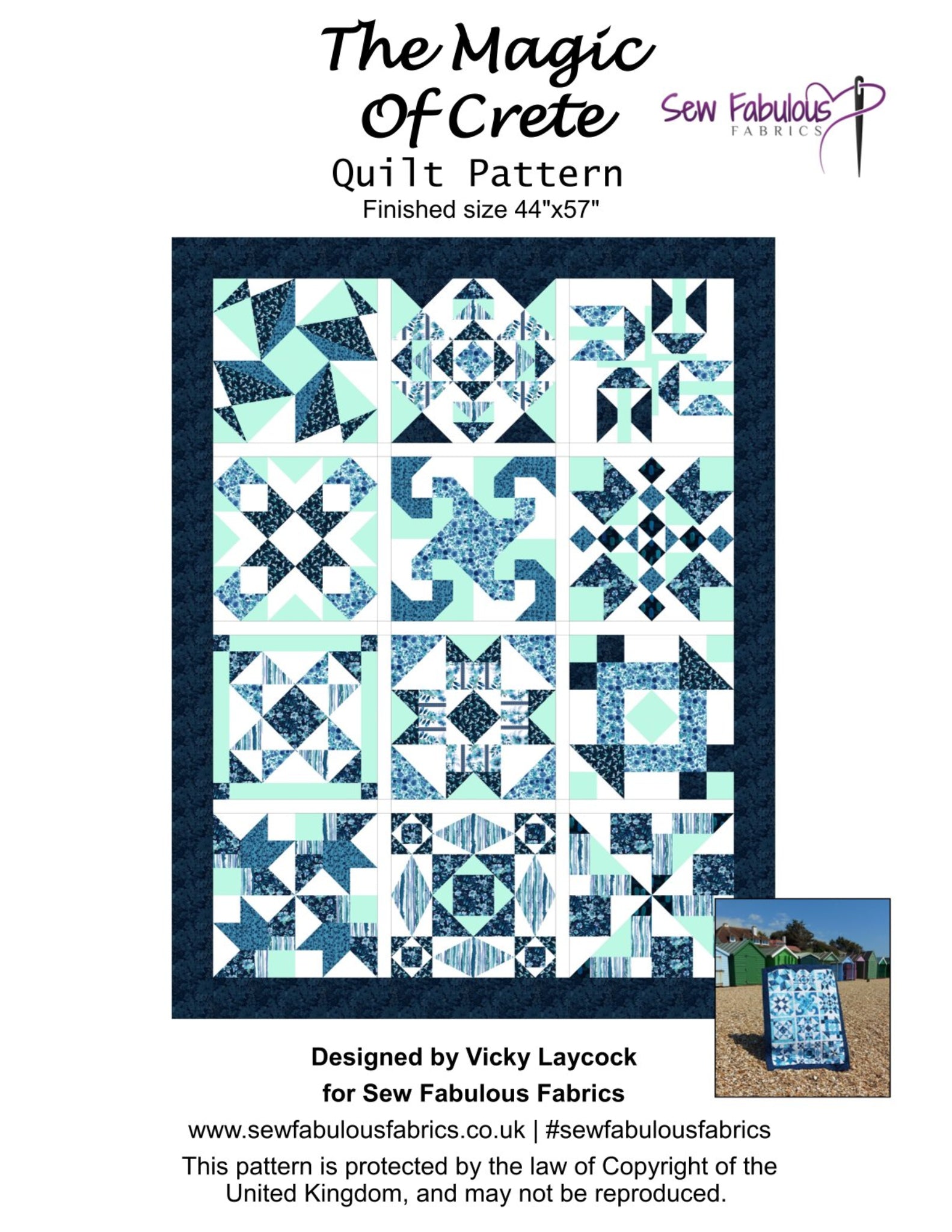 Quilt pattern cover with geometric quilt design and branding information.