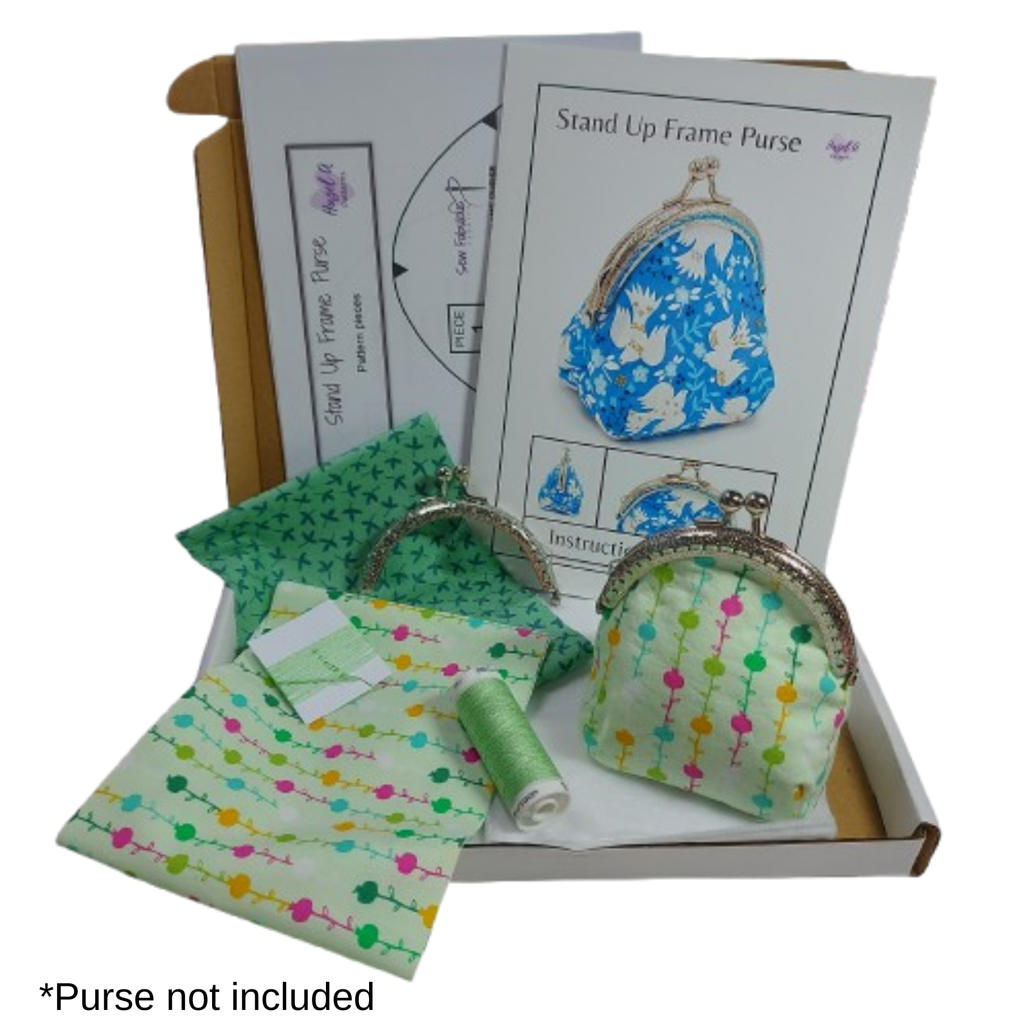 Fabric pieces and a pattern for a stand-up frame purse with a completed purse displayed.