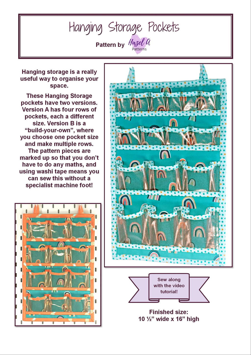 Pattern for hanging storage pockets with text and illustrations on a white background