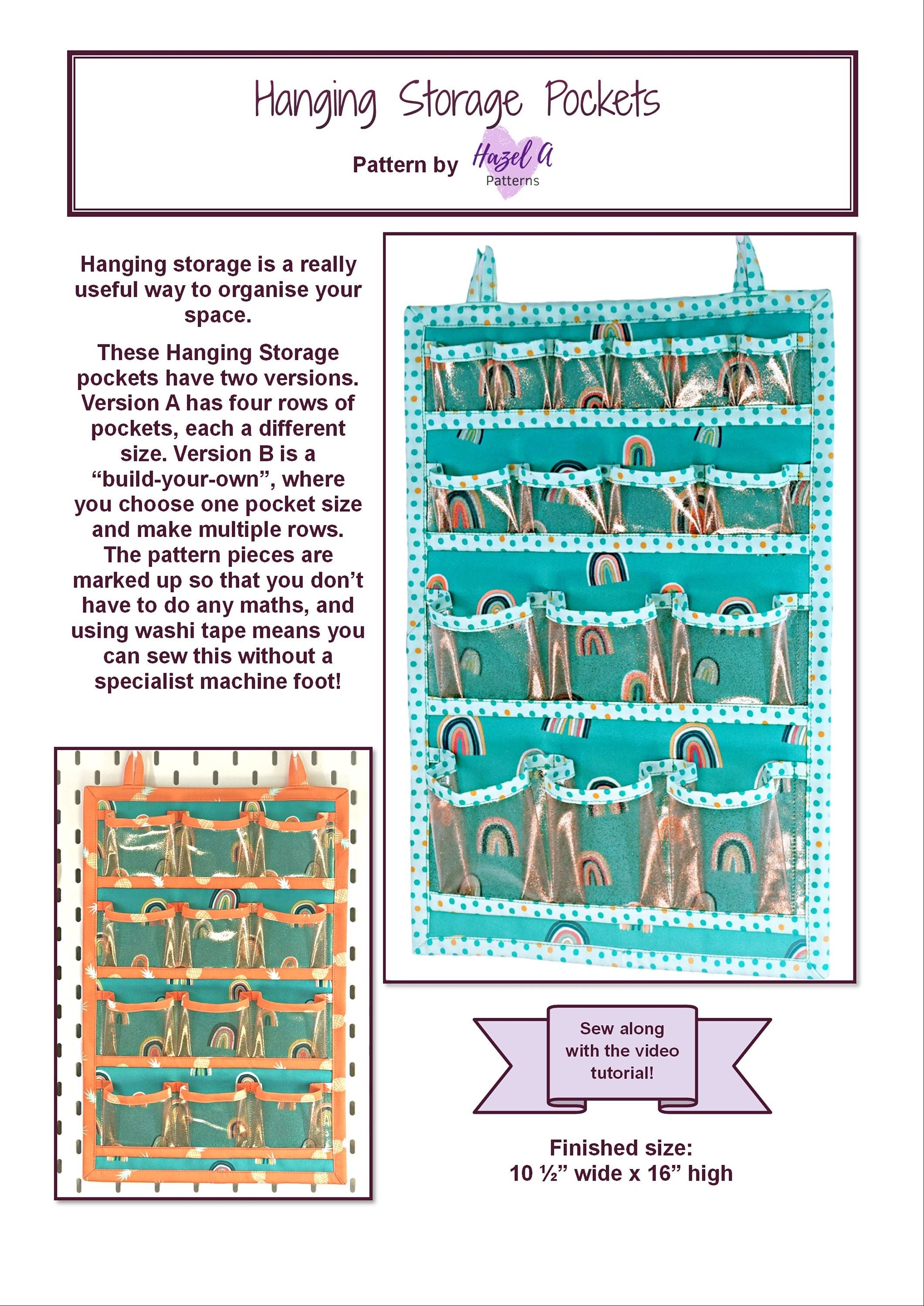 Pattern for hanging storage pockets with text and illustrations on a white background