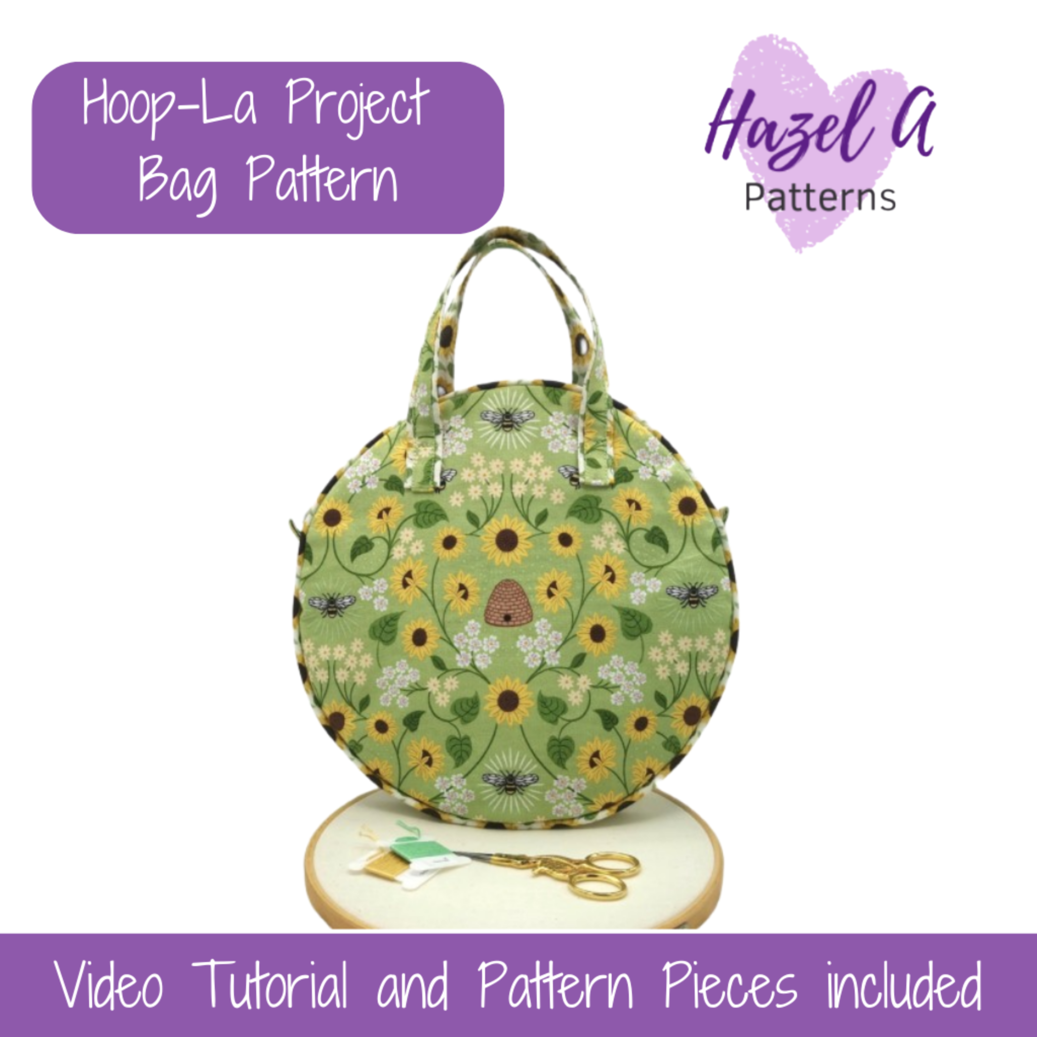 Green floral-patterned bag with a pair of scissors on a white background, featuring Hazel A Patterns branding.